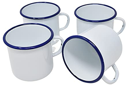 Madacha Set di 4 tazze in acciaio smaltato, 400 ml, bianco con bordo blu