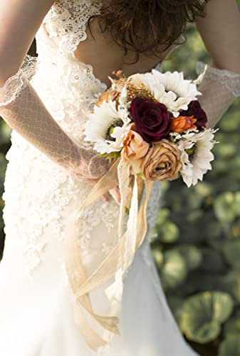 Ansofi Vintage Hochzeitsstrauß Braut Brautsträuße Gebrannter Orange Brautjungfernstrauß Künstliche Sonnenblume Rose Blumen für Zeremonie Party Kirche