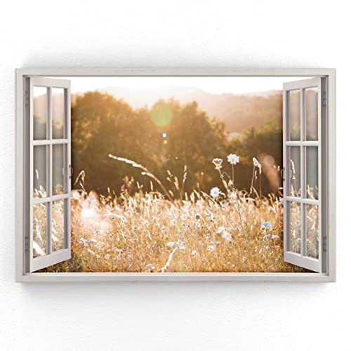 Estika - Leinwand Bilder Fensterblick - Wiese, Wald - 120x80 cm - 1 teilige Wandbilder, Bild auf Leinwand, Modern Deko für wohnzimmer schlafzimmer - Natur Landschafts bilder - 5980A_1B