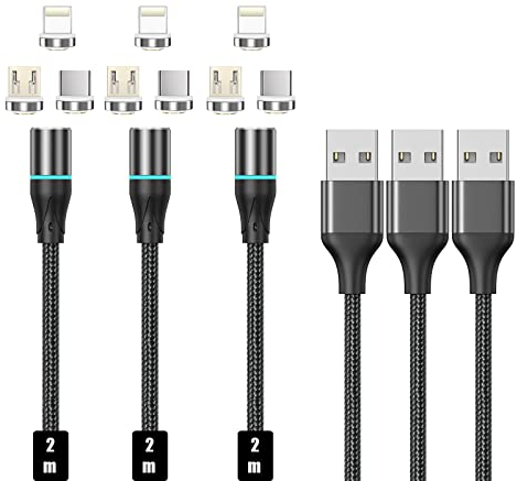 N. NETDOT Magnetisches Ladekabel, 3in1 Schnellladung Gen12 Telefonladegerät und Datenübertragung Magnetisches Ladegerät für Micro-USB, USB-C und i-Produkt - 2m schwarz