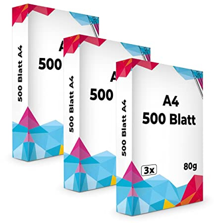 SPS Druckerpapier, Kopierpapier (1.500 Blatt, 80 g/m², DIN A4 Papier, weiß, für alle Drucker) 1 Box mit 3 Pack