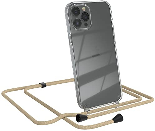 EAZY CASE Handykette kompatibel mit iPhone 12 Pro Max Handyhülle mit Umhängeband, Handykordel mit Schutzhülle, Silikonhülle, Hülle mit Band, Stylische Kette für Smartphones, Taupe - Clips Schwarz
