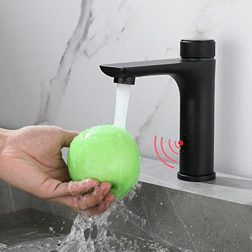 XJTNLB Infrarot Wasserhahn mit Sensor Waschtischarmatur Sensor, Waschbecken Armaturen Induktion Badarmatur Armatur Einhebelmischer für Badezimmer, Schwarz