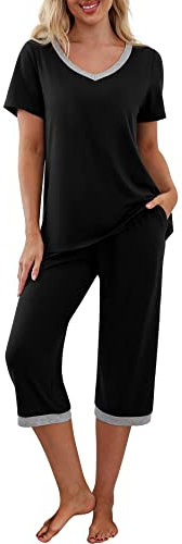 PrinStory Damen Schlafanzüge 2 Stück Pyjamas Set Kurzarm V-Ausschnitt Nachtwäsche Hausanzug Freizeitanzug (Schwarz, M)