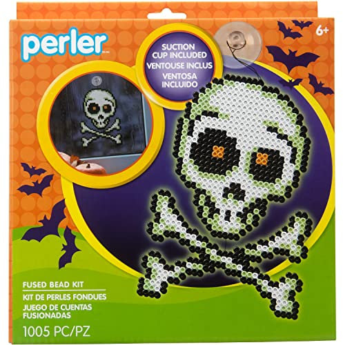Perler Glow in The Dark Skull and Crossbones Halloween Fuse Bead Activity Kit with Patterns, Finished Project Sizes Vary, Multicolor, 1006 Pieces