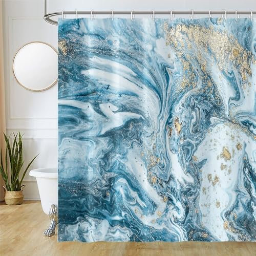 Uiiooazy Duschvorhang Marmor Blau, Duschvorhang Abstrakt Grau Gold Marmoriert Duschvorhäng Anti Schimmel Wasserdicht Polyester Stoff Waschbar Bad Vorhang mit 12 Haken für Badezimmer 180Bx220Hcm