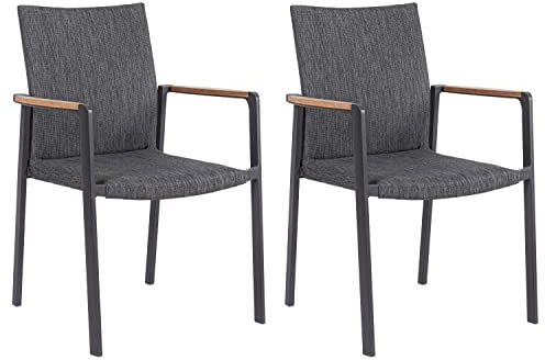 Home4You Gartenstuhl 2er Set - Stapelbar - Aluminium Anthrazit - Armlehnen Teakholz - Textilgewebe - 59x89x61 cm