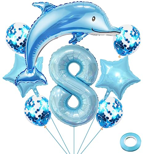 Weenkeey 8. Geburtstag Delfin Deko - Große Delfin Folienballon mit Hellblau Zahl 8 Luftballon für Jungen Geburtstag Party