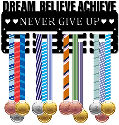 CREATCABIN Porta Medaglie Medaglie Appendiabiti Espositore Sport Metallo Appeso Premi Ferro Piccolo Supporto Decor per Parete Casa Corsa Ginnastica Nuoto Medaglia Nero 29x13cm-Dream Believe Achieve