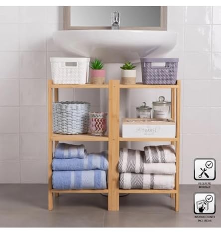 LOLAhome Mueble bajo Lavabo pie con 3 estantes de bambú Natural de 60x30x60 cm