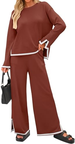ZESICA 2-teiliges Damen-Outfit-Set 2024, lässig, langärmelig, Strickpullover, Oberteil und Hose mit weitem Bein, Sweatsuit, Lounge-Sets, Rost, XL