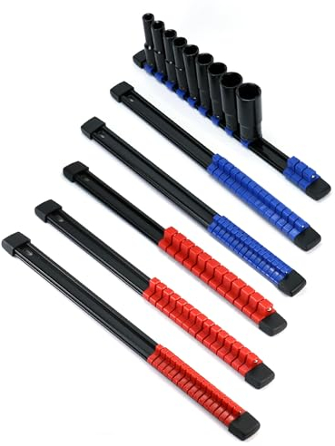 QWORK® 6 Piece Socket Organizer, Socket Rail, Socket Holder, 1/4, 3/8, 1/2, Blue and Red