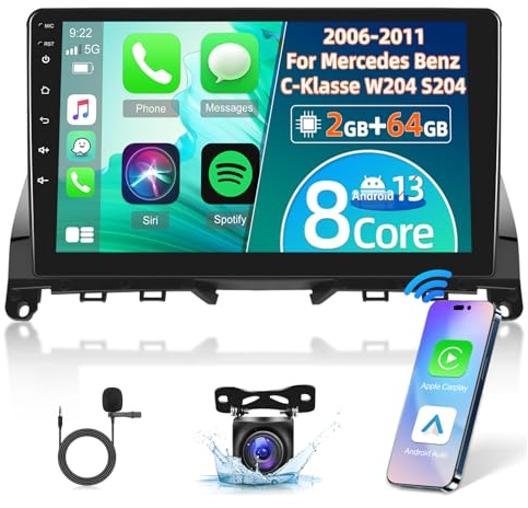 Android Autoradio für Mercedes Benz C-Klasse W204 S204 2006-2011 - 9 Zoll Radio mit Kabellos Carplay und Android Auto - WiFi GPS DSP SWC Split Screen + AHD Rückfahrkamera & Mic