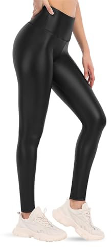 NetSetUK Womens Soft Faux Leather Warm Fleece Shiny PU Leggings Elasticated Waist Wet Look Full-Length Trousers Black
