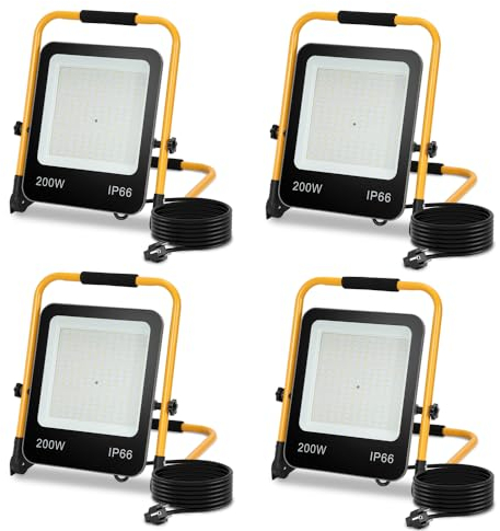 Fiqops LED Baustrahler 200W, 4x Arbeitsscheinwerfer 6000k Kaltweiß, 18000LM Baulampe Bauscheinwerfer, Arbeitsleuchte, Wasserdicht IP66, für die Werkstatt, Baustelle Garage (3M Kabel mit Stecker)