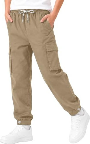 HIBETY Pantalon cargo en coton pour garçon, protection solaire UPF 50+, pantalon de jogging respirant pour enfants, kaki, 14 ans