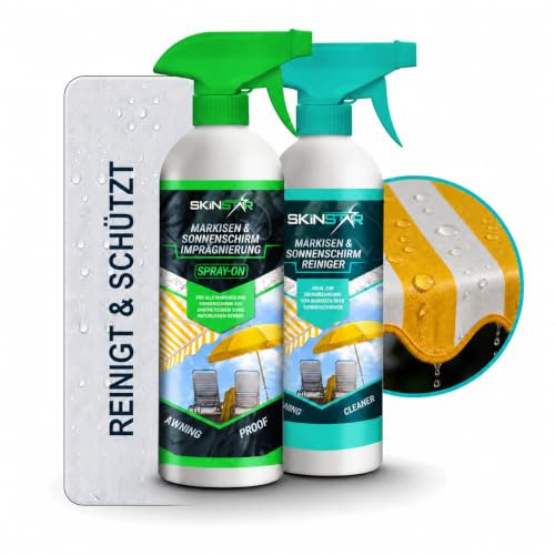 SkinStar Markisen Reiniger und Imprägnierung Set 2x 500ml Sonnenschirm | Erst reinigen, dann imprägnieren: Markisenreiniger plus Imprägnierung ohne Treibgase, je 500ml, Made in Germany