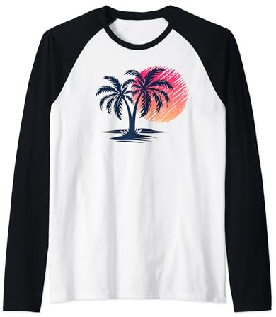 Cool Sunset Beach Palm Trees Summer Vacation Men Women Raglan Baseball Tee