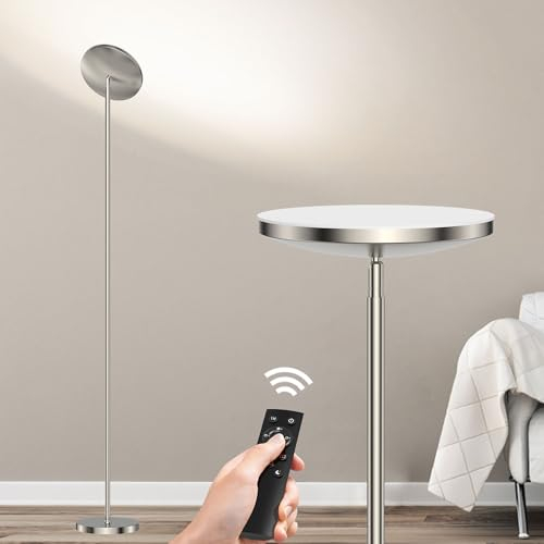 30W Stehlampe Wohnzimmer Dimmbar, Stehlampen LED Modern Silber, 4 Farben, Stufenlos Dimmbar, 6 Szenenmodi, Einstellbare Winkel, 1 Stunden Timer, Speicherfunktion, Schlafzimmer Büro Deko Beleuchtung
