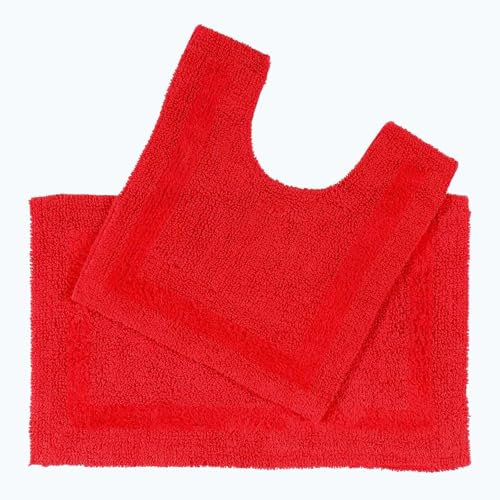 HOMESCAPES Tapis de Bain et Contour WC en Coton, Tapis de Bain Rouge, Ensemble Tapis Salle de Bain et WC – Lot de 2