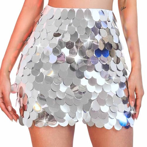 Evlry Paillettenrock Silber glitzernder Tanz-Minirock Hüfttuch Halloween Disco Club Rave-Röcke für Frauen