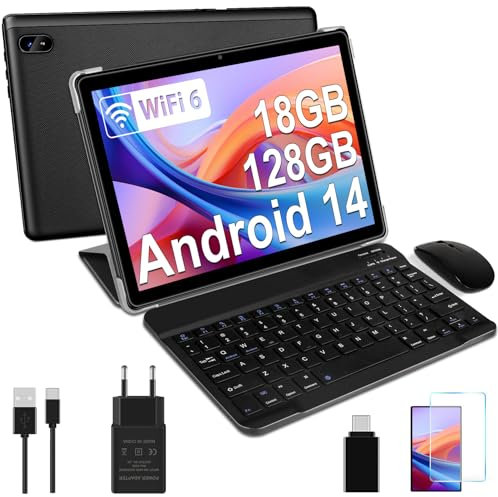 DMOAO Tablet 10 Zoll Android 14 mit 5G WLAN 6, 18 GB RAM + 128 GB ROM(TF 1TB), Widevine L1, Octa-Core, BT 5.0, Face ID, FHD 1280 * 800 IPS, 6000 mAh, 2 in 1 Tablet mit Tastatur + Maus, Schwarz