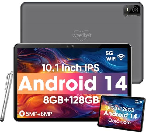 Weelikeit Tablet Android, tableta de 10 pulgadas con pantalla táctil IPS HD de 1280 x 800, 8 GB de RAM + 128 GB de ROM (hasta 1 TB), batería de 6000 mAh, 5G WiFi 6, Bluetooth 5.0, cámara dual de 5