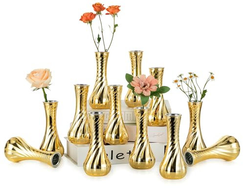 NUPTIO Kleine Glasvasen Vase Gold: 12 Stück Mini Vasen Blumenvase für Tischdeko Vintage Hochzeit Geburtstag - Gerippte Glasvase Goldene Vase für Heimdekoration Party