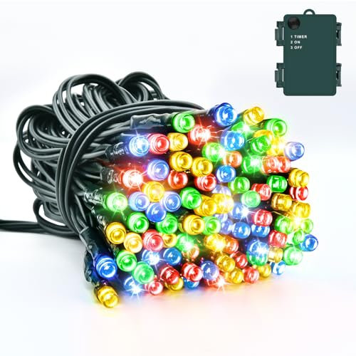 Dalugo Battery String Lights, 5M 50 LED Multicoloured Christmas Fairy Lights with Timer, IP65 Waterproof String Lights Battery Powered for Indoor Outdoor Xmas Decorations(Green Wire)