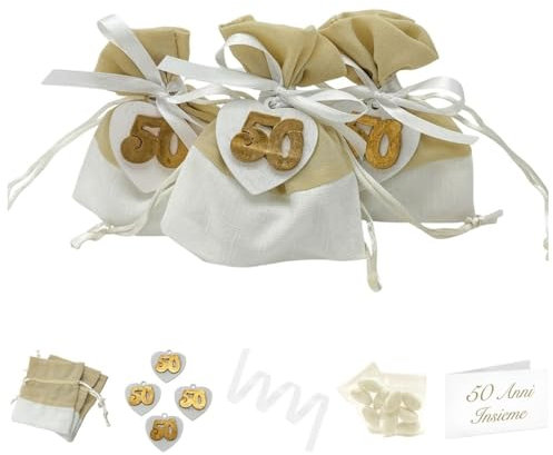Doni Bomboniere Set Anniversario Nozze Oro 12 Sacchettini Portaconfetti in Cotone Panna e Oro 12 Applicazioni Cuore con '50' 12 Bigliettini Personalizzabili 12 Bustine Confetti Bianco Gadget Nozze