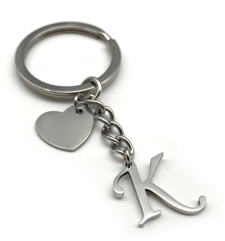 Porte Clef Lettre avec coeur - Initial A-Z nom Porte-clés - Acier inoxydable fait à la main - Petit ami petite amie partenaire voiture (K)