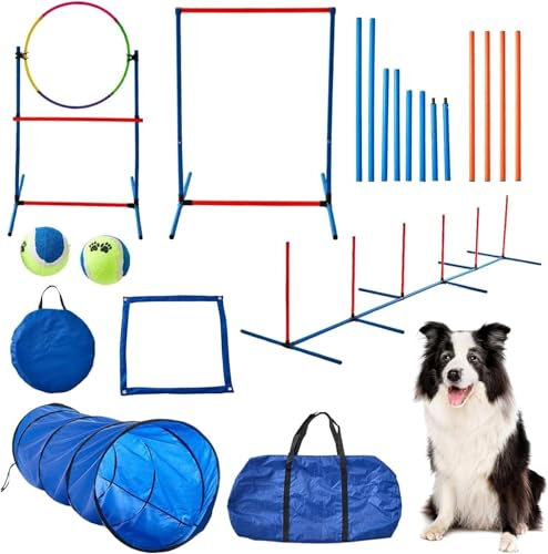 WUDLEP Dog Agility Training Equipment Set, Obstacle Courses Training Starter Kit, Dog Agility Equipment with Dog Tunnel, Weave Poles, Adjustable Hurdles, Jump Ring, Pause Box