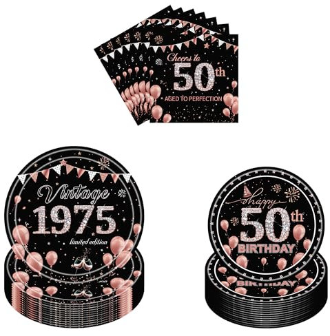 50th Birthday Party Tableware Set - 96 Pcs Black Rose Gold Paper Plates and Napkins Dinnerware Party Supplies for Women 50th Birthday Table Decorations Serve 24 Guests