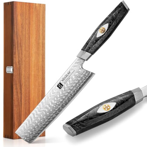 XINZUO 18,7cm Nakirimesser 145 Schichten Damaststahl Küchenmesser -Profi scharf Chefmesser Österreichischer M390 Pulverstahl -Griff aus schwarzem Karbonfaserharz -mit Akazienholz-Geschenkbox
