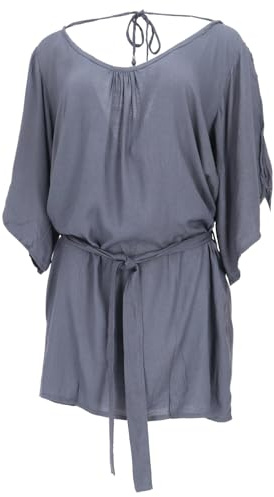 GURU SHOP Luftige Maxitunika, Boho Sommertunika, Minikleid, 3/4 Ärmel | Viskose, lockerer Schnitt, open Shoulder, Rückenausschnitt mit Quasten, vielseitig kombinierbar, schlichte Eleganz