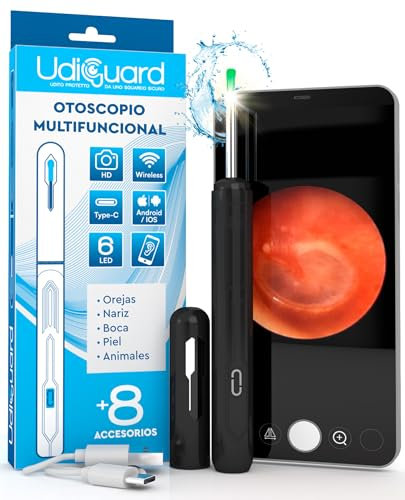 Ohrenschmalz Entferner Otoskop mit Kamera 1920p 3,6mm WiFi Ohrenreiniger - UdiGuard Ohrenspiegel Ohr Kompatibel mit iPhone iPad Android Schwarze Farbe - mit 6 LED-Leuchten Erwachsene Kinder und Tiere