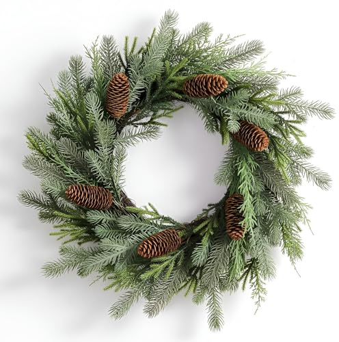 DN DECONATION Weihnachtskranz 60 cm - Moderner Türkranz in Graugrün mit Tannenzapfen - Wetterfester Adventskranz für Haustür, Wand & Tischdeko