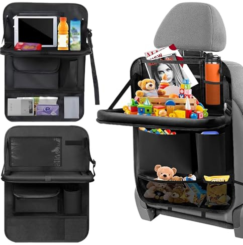 crayfomo Car Seat Organiser 2Pack,Multifunctional Car Back Seat Storage with Foldable Table Tray and 7 Pockets for Tablets,Books,Toys,Snacks,Cosmetics.Back Seat Kick Protector Fits Most Vehicles