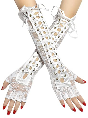 Guantes De Encaje Sin Dedos hasta Codo Largo Accesorios Cosplay Mujer Cinta Sin Dedos Malla Rejilla Acordonado Medio Dedo Malla Rejilla para Fiestas Halloween