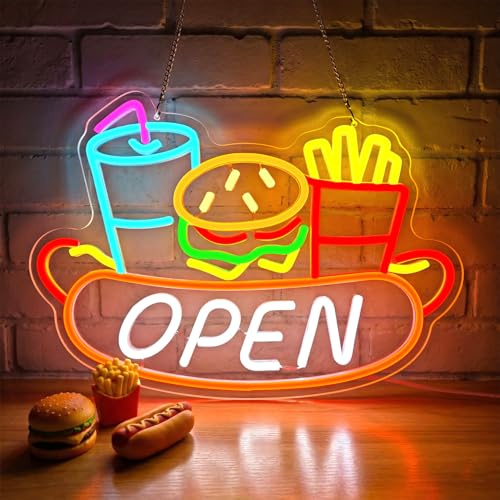 Lxmoneon OPEN Neon Schild,Fast Food Neon Schild,Burger Leuchtreklame | Fries Drink Hot Dog Neon Licht,USB Neon Wandschild,LED Open Schild für Restaurant Café Imbiss Bar Küche Party