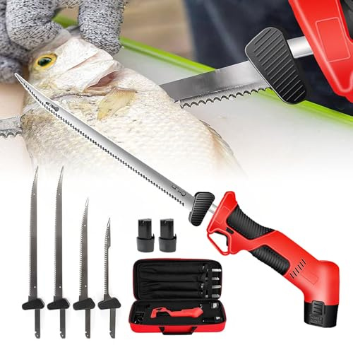 QIeCny Couteau De Cuisine Électrique Sans Fil, Couteau À Viande Rechargeable (double Batterie), Lames Amovibles + 4 Lames Remplaçables (26/30/31/39 Cm), Pour Différents Types De Poissons,Red