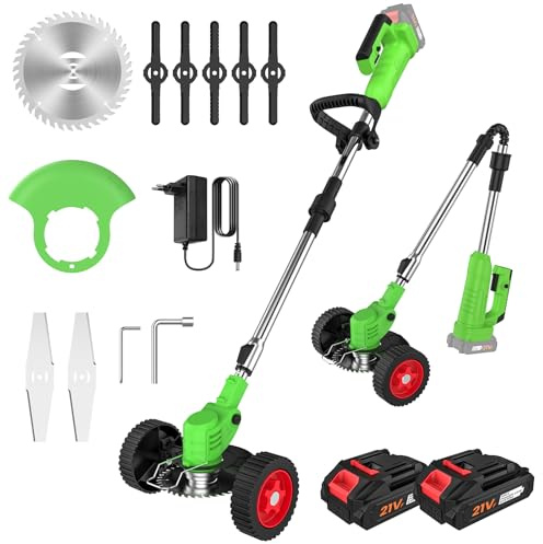 Débroussailleuse Électrique sans Fil avec roulettes, 21V 800W Coupe Bordure à Batterie Pliable avec 2 Batteries 2.0Ah, Tête Réglable à 90°, 3 Types de Lames & 5 Fils, pour Jardin Pelouse Désherbage