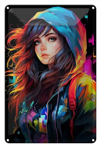 Wallario Blechschild Wandbild aus Metall Cyberpunk-Mädchen - 20 x 30 cm in Premium-Qualität: Brillante Farben