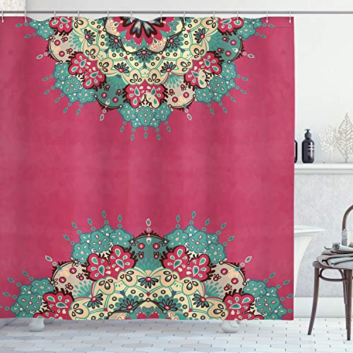 ABAKUHAUS Mandala Duschvorhang, Eastern Boho Blumen, Stoffliches Gewebe Badezimmerdekorationsset mit Haken, 175 x 200 cm, Rosa Türkis