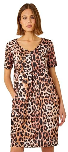 Roman Originals Animal Print Dress with Pockets for Women UK Ladies Leopard Print Tunic Shift Jersey Stretchy Slouch Smart Loose Cocoon Oversized Fit Casual V Neck Pull On - Brown - Size 14