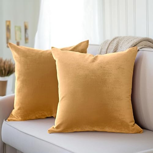 Encasa Homes Kissenbezüge aus Samt - 2er-Set (50x50 cm) - Gold- Uni gefärbt, weich & glatt, waschbar, quadratisch, großer Wurfkissenbezug für Couch, Sofa, Stuhl, Bett und Wohnbereich