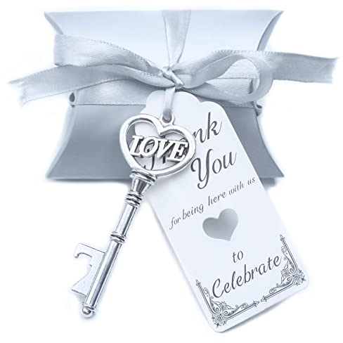Aokbean 50pcs Skeleton Love Key Bottle Openers Pillow Candy Box Escort Thank You Tag Ribbon Wedding Favors Souvenir Gift for Guest Bulk (Antique Silver)