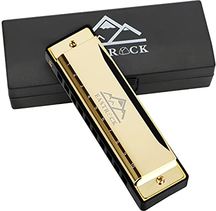 EastRock Harmonika, 10 Löcher, 20 Melodien, Blues-Mundharmonika, Tonart C, Mundharmonika für Anfänger, Erwachsene, Kinder, als Geschenk, inkl. Etui und Reinigungstuch, goldfarben