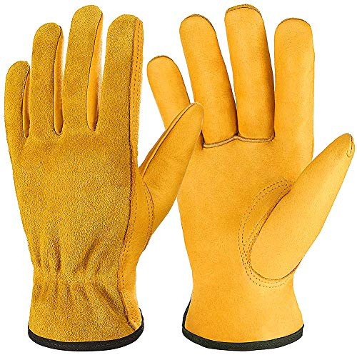 Auelife Gartenhandschuhe Rindsleder Arbeitshandschuhe, Atmungsaktive und Flexible Leder-Hochleistungs Verstärkte Handschuhe für Männer und Frauen, Gartenarbeit Angeln Bauwesen (L - Ein Paar)