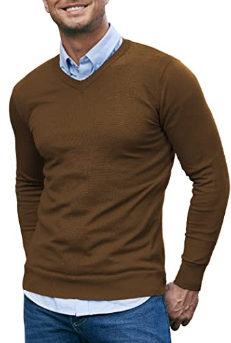 COOFANDY Herren-Pullover, V-Ausschnitt, gerippt, schmale Passform, langärmelig, Pullover - Braun - Mittel